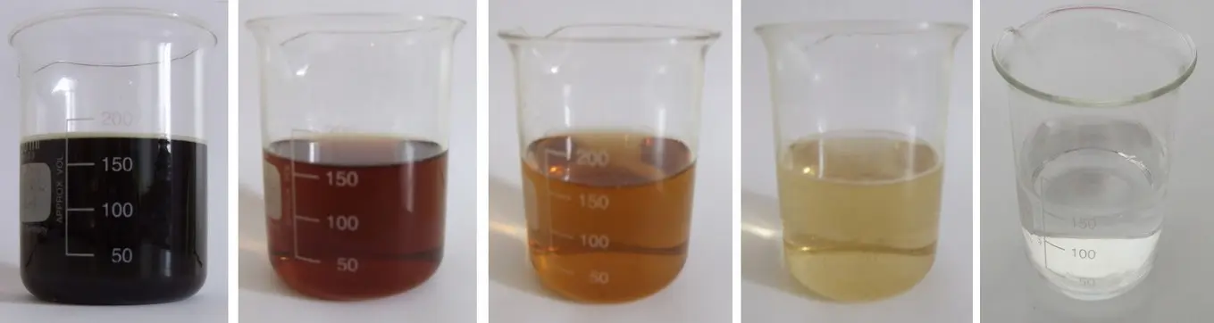 Cinq béchers contenant des échantillons d’eau de teintes différentes
